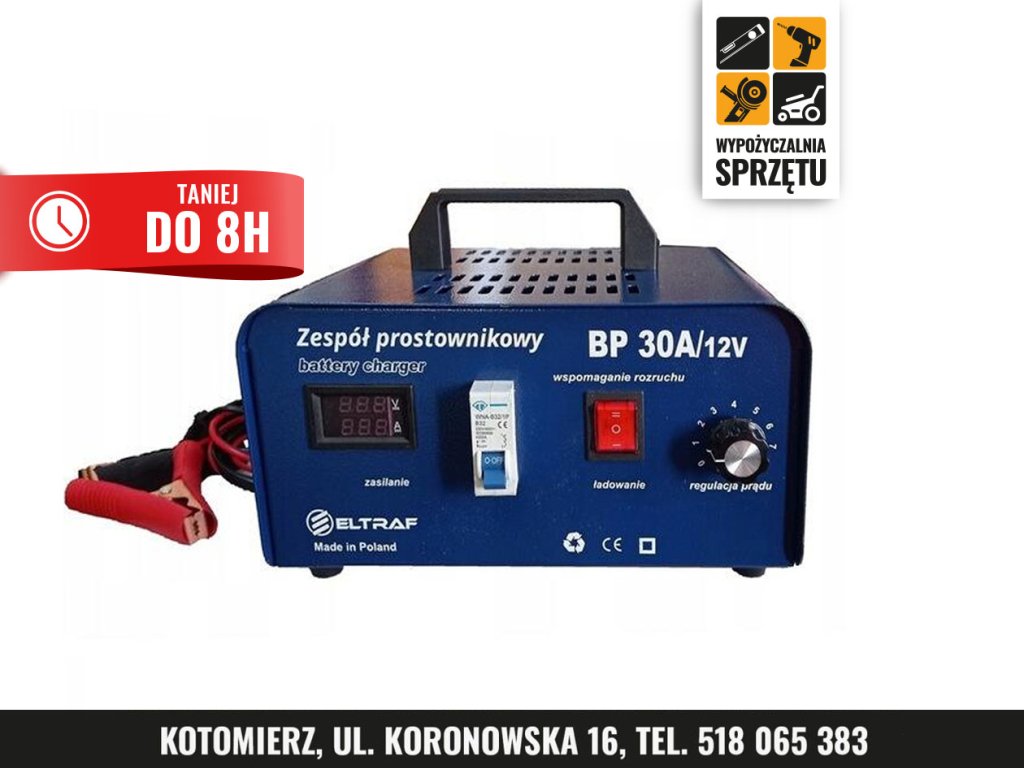 Prostownik ELTRAF 12 V, 30 A ze wspomaganiem rozruchu 200 A – na 8 h lub doby