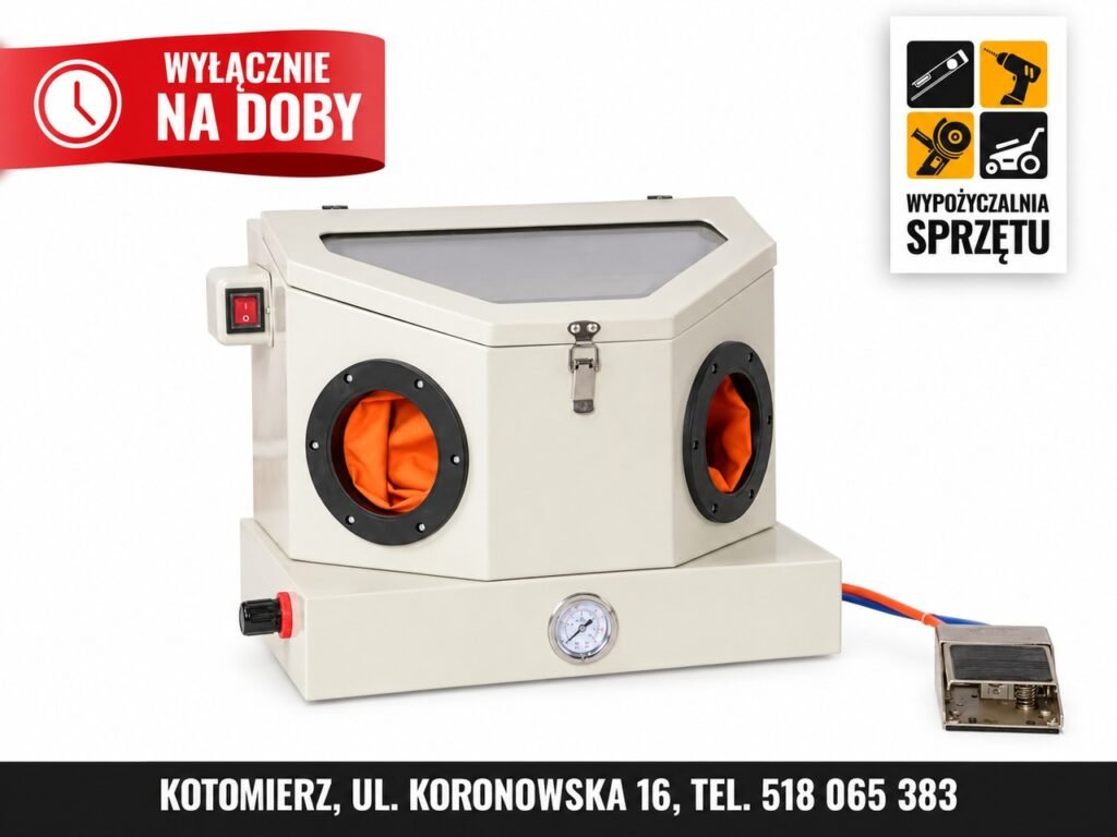 Piaskarka kabinowa 30 l z rękawicami i pedałem sterującym – wynajem wyłącznie na doby