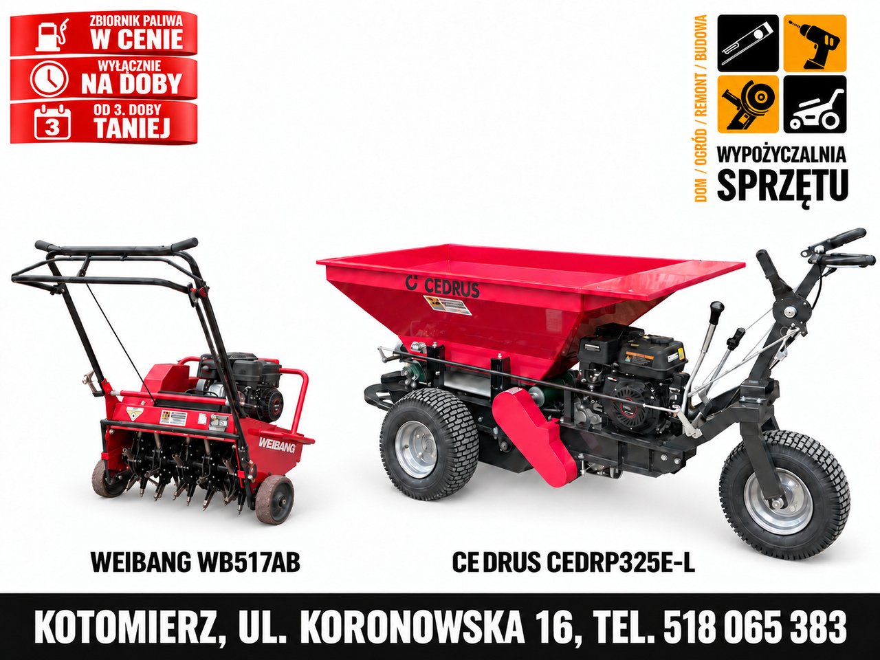 Zestaw: samobieżny rozsiewacz Cedrus CEDRP325E-L + aerator rurkowy Weibang WB517AB (wyłącznie na doby)